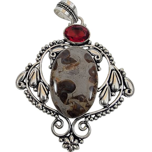 Handmade Silver Pendant with Fossil Coral and Red Garnet Accent - Picture 1 of 10
